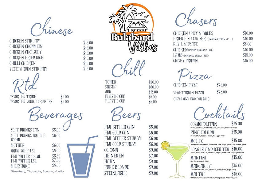 The full drinks and dishes menu at Bulabard Villas Fiji