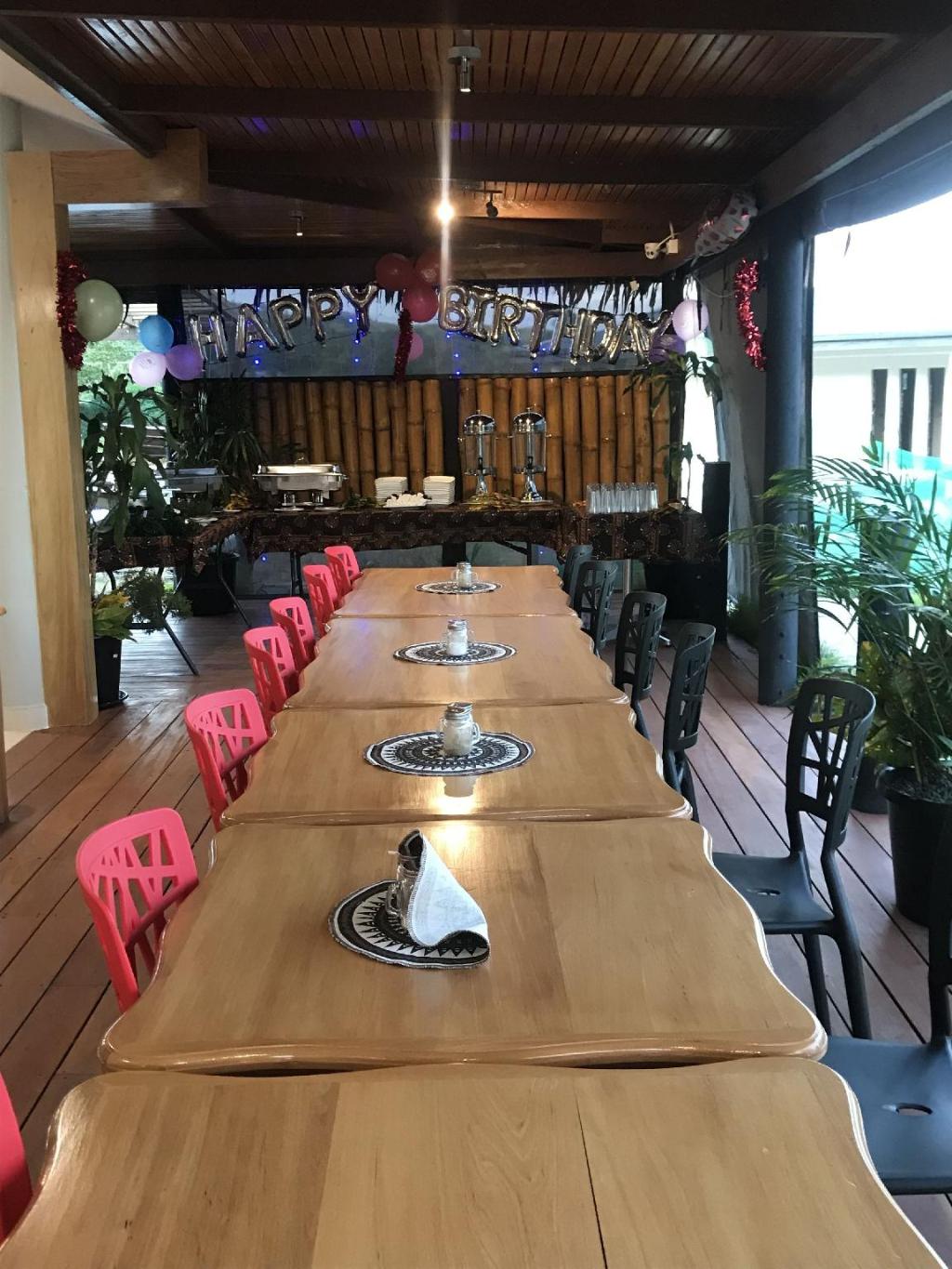 Dining setup with garden views